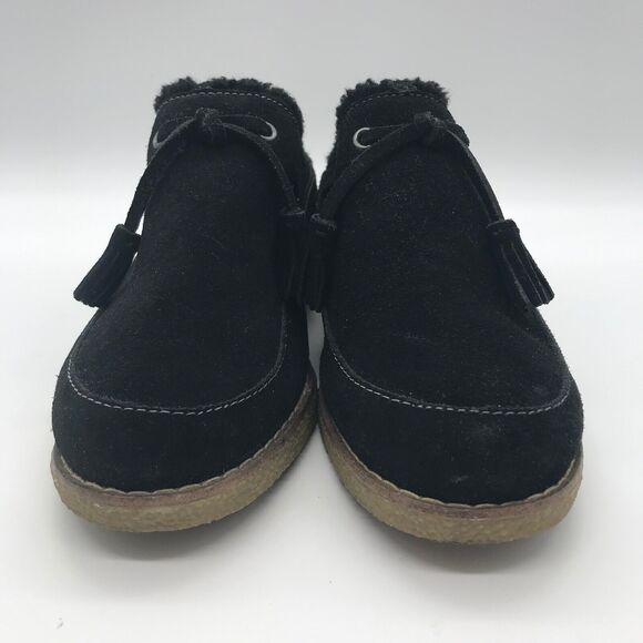 Lands' End Black Suede Faux Fur Lined Clogs Women 7.5 Tasseled Crepe Wedge Shoe - Picture 2 of 10